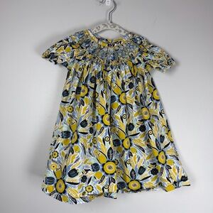 Kid’s Banana Split Yellow Blue Floral Smocked Cotton Spring Dress 24 Months